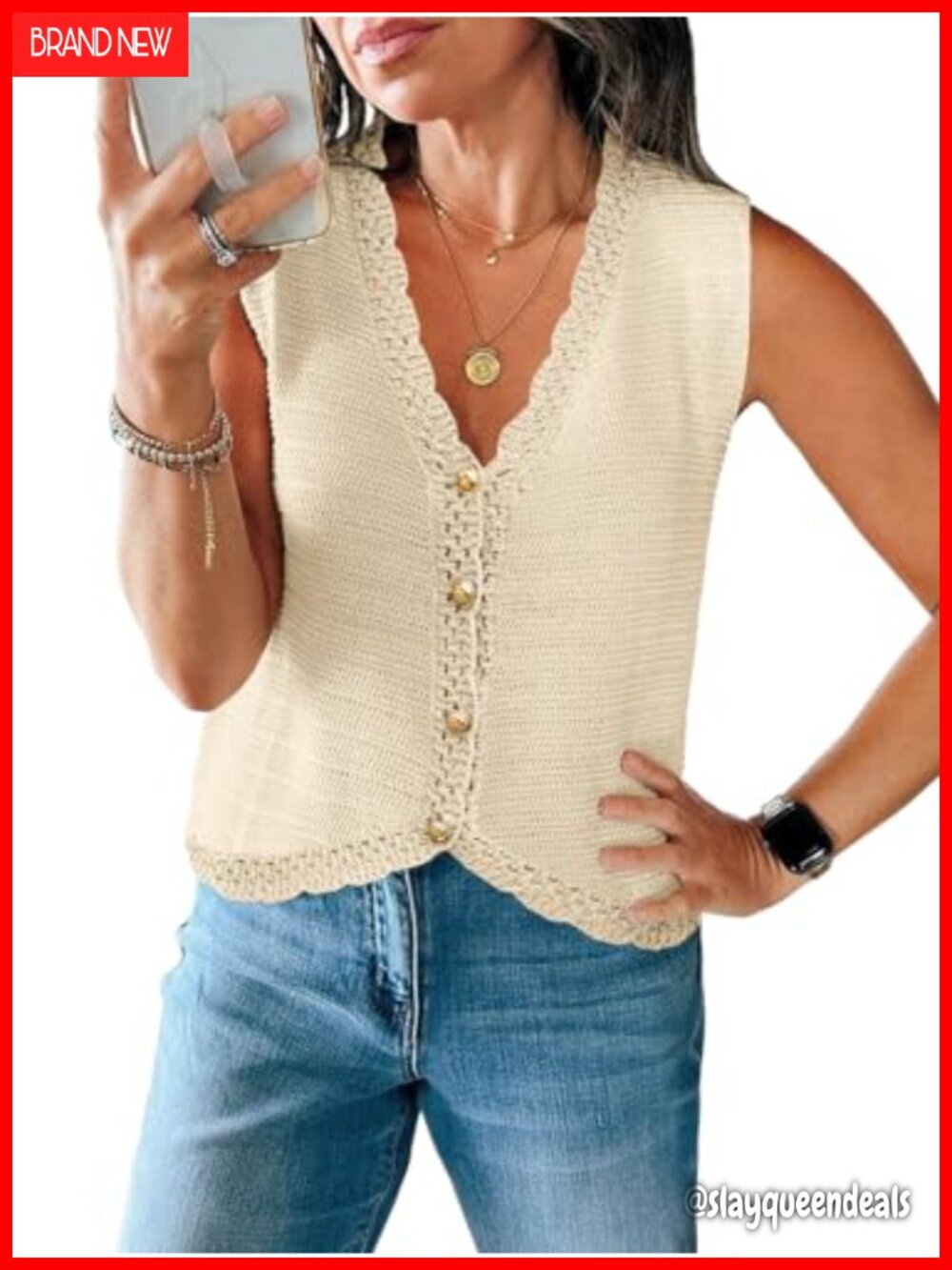 Crochet Tank Top Sleeveless Button Down Sweater Vest Knit Summer Outfit